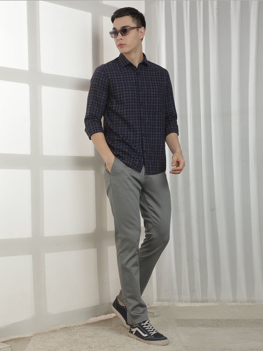 Navy Blue Checked 100% cotton Shirt