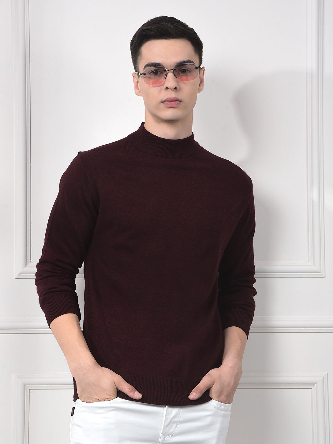 Deep Maroon Soft Acrylic Regular Textured Sweater