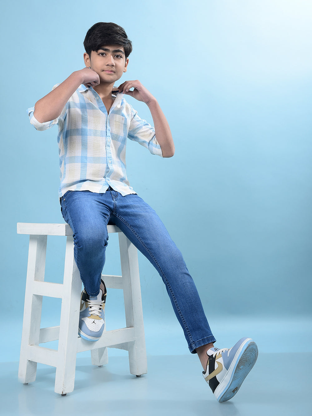 Blue Windowpane Checked Linen Shirt