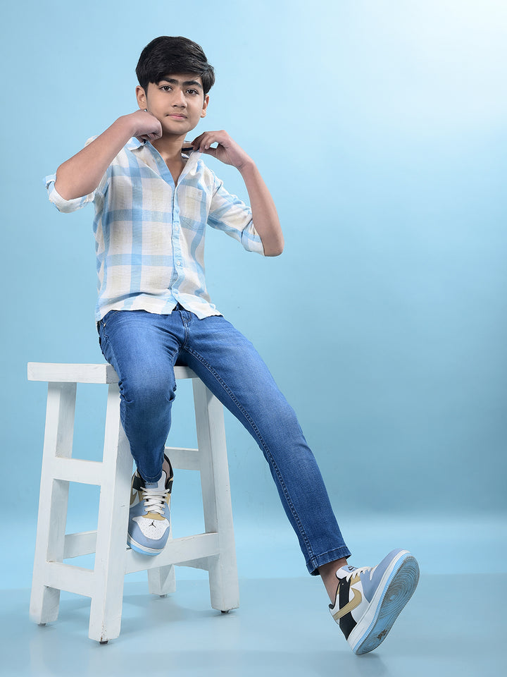 Blue Windowpane Checked Linen Shirt