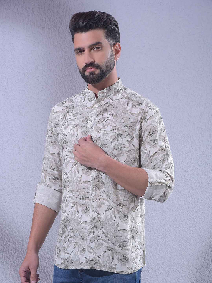 Grey Floral Print Linen Kurta