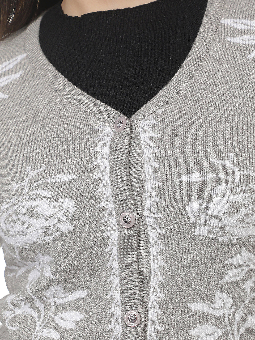 Grey Floral Print V-neck Cardigan