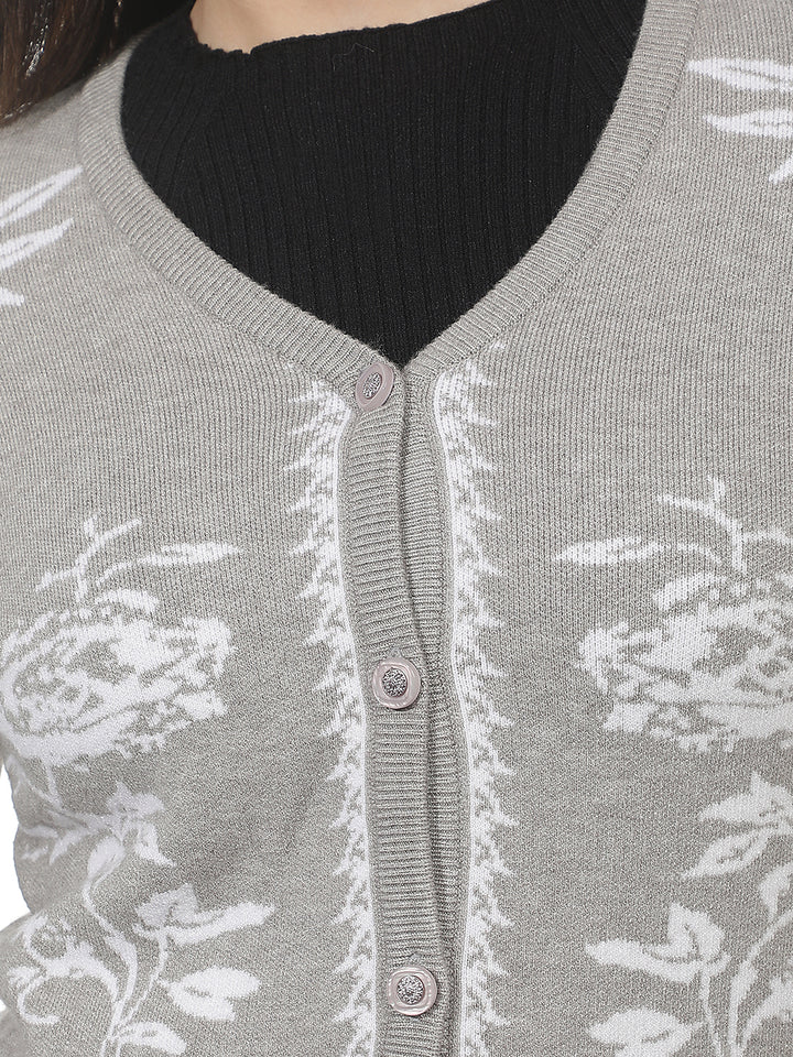 Grey Floral Print V-neck Cardigan