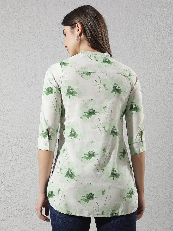 Linen Green Floral Printed V-Neck Top