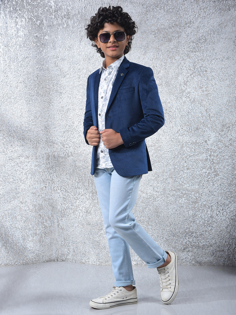 Blue Jacquard Single Breasted Blazer