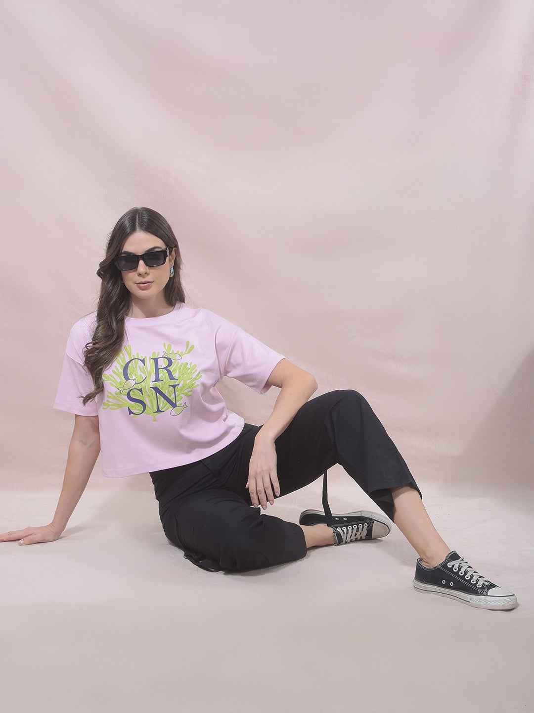 Pink Typographic Print Cropped T-Shirt