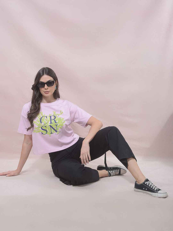 Pink Typographic Print Cropped T-Shirt