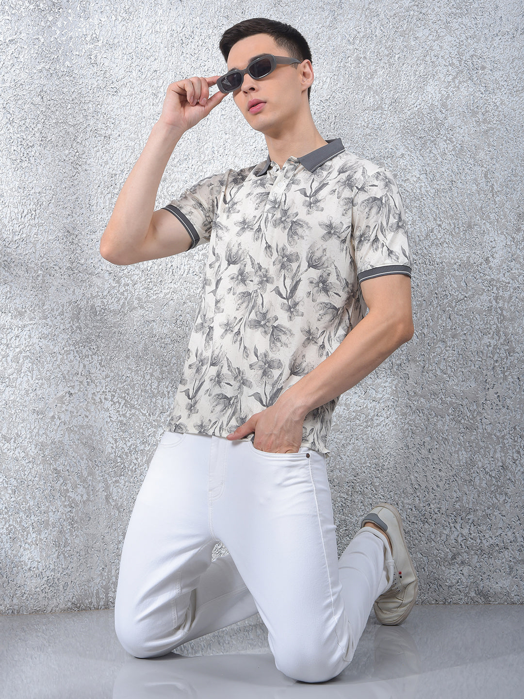 Grey Floral Print Polo Neck T-Shirt