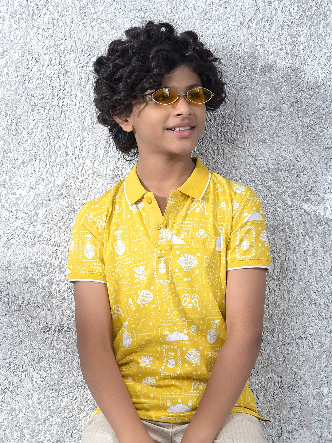 Yellow Printed Polo Neck T-Shirt