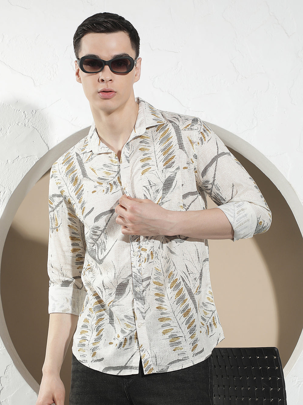Grey Botanical Print Linen Shirt