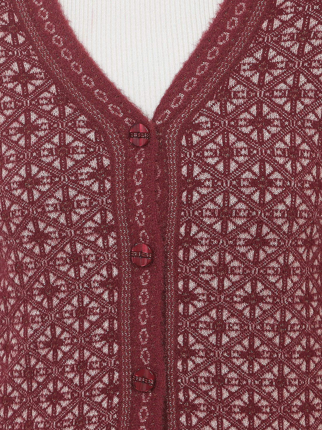 Maroon Geomatric Print V-Neck Cardigan