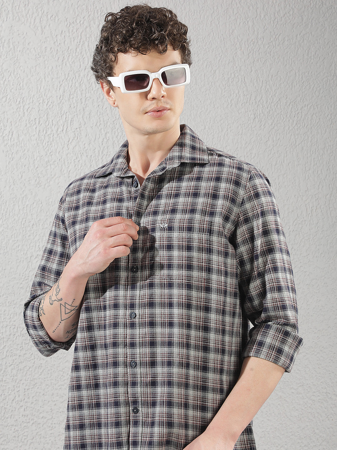 Navy Blue 100% Cotton Checked Shirt