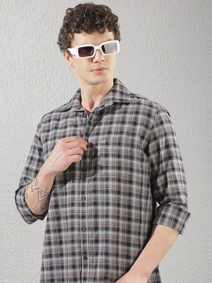 Navy Blue 100% Cotton Checked Shirt