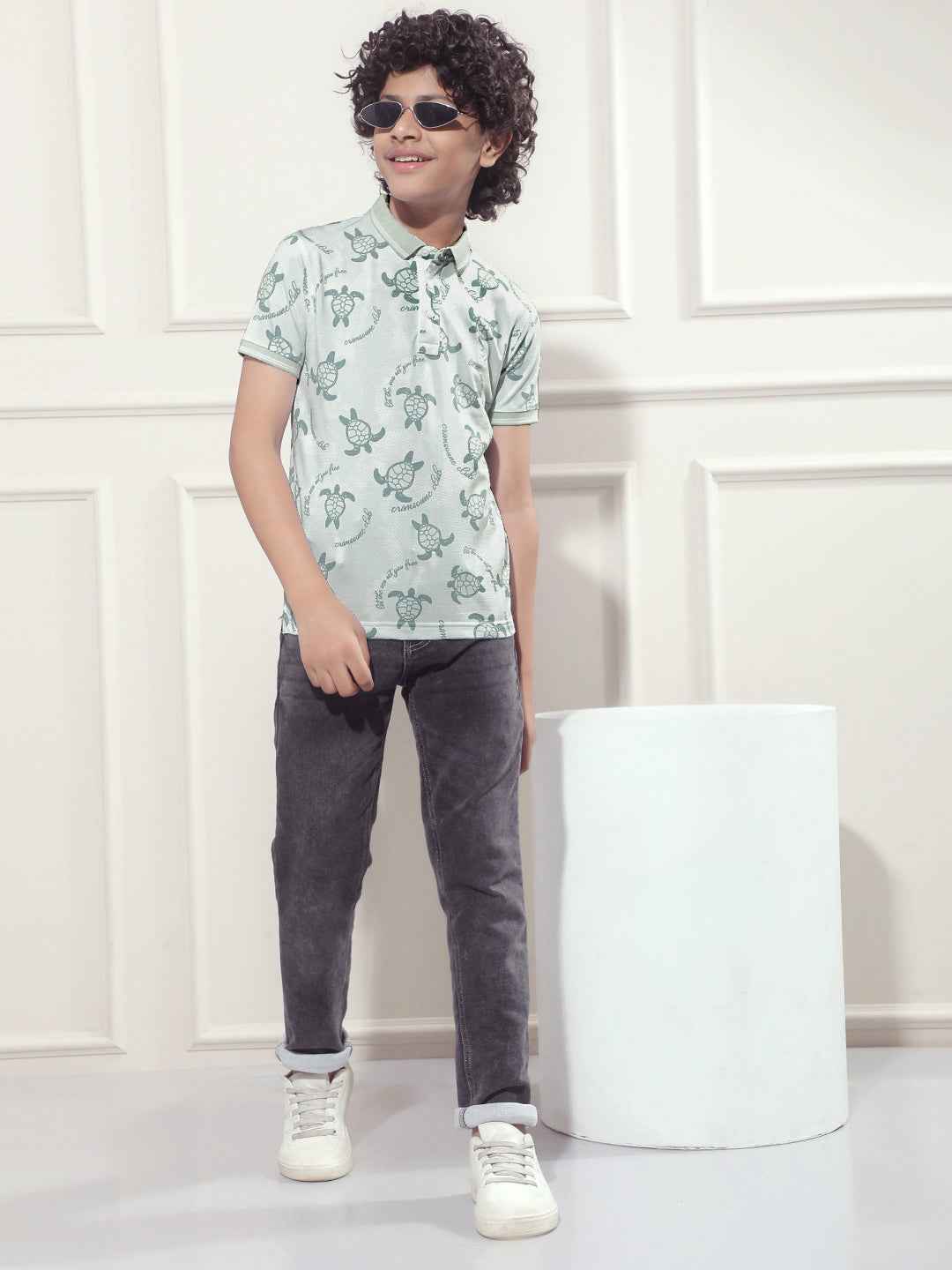 Blue Printed Polo Neck T-Shirt
