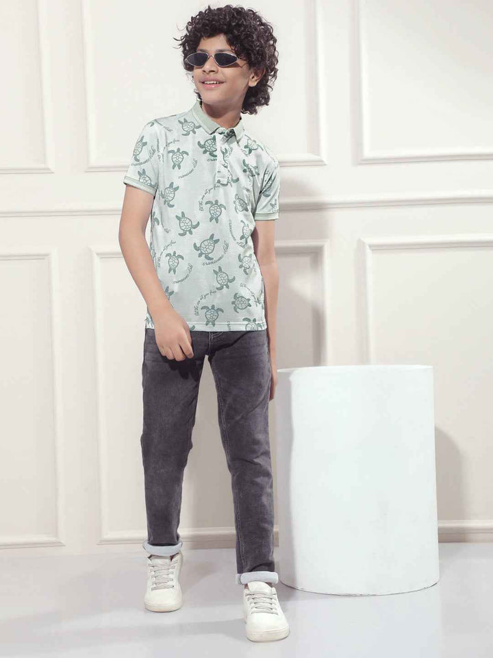Blue Printed Polo Neck T-Shirt