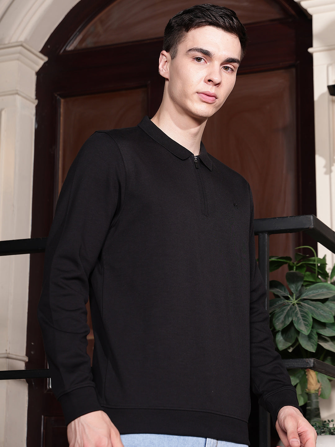 Black Polo Neck Front Open Sweatshirt