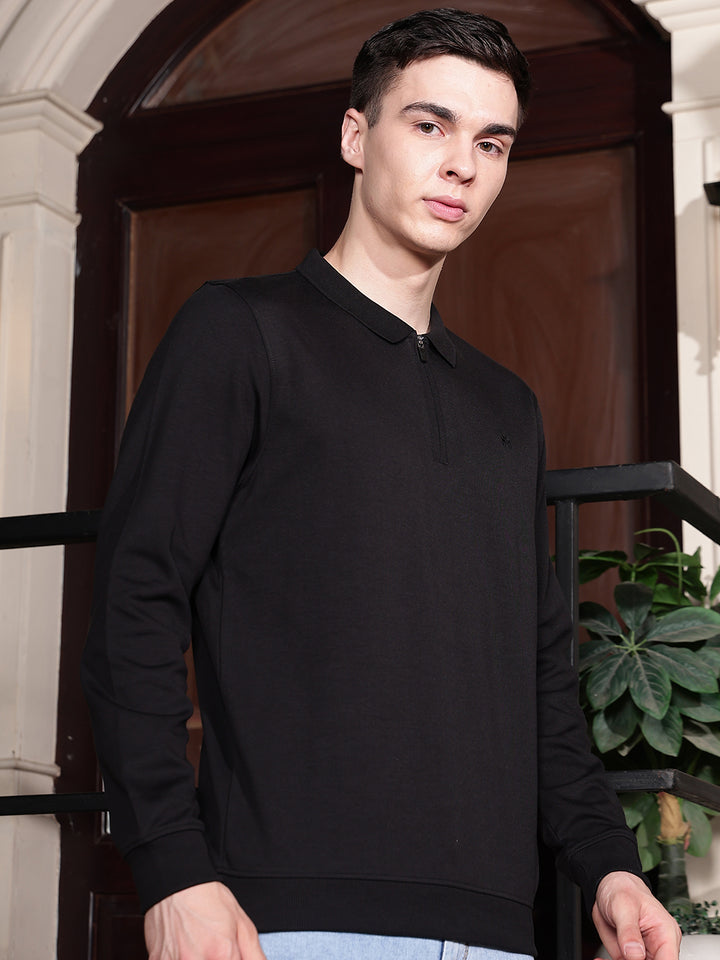 Black Polo Neck Front Open Sweatshirt