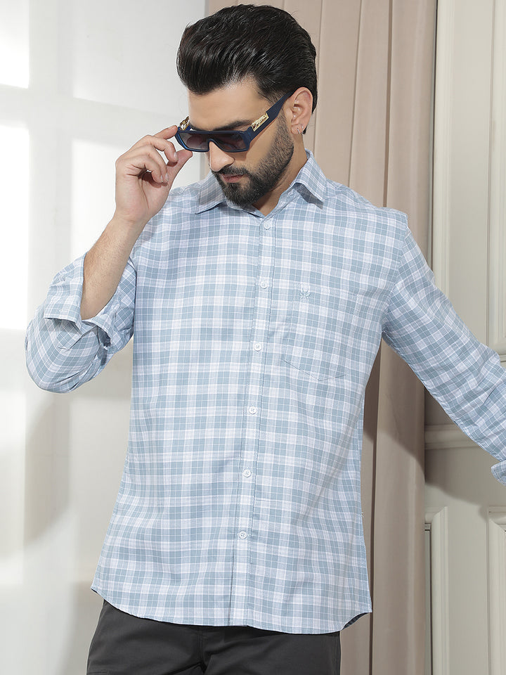 Pastel Blue 100% Cotton Checked Shirt