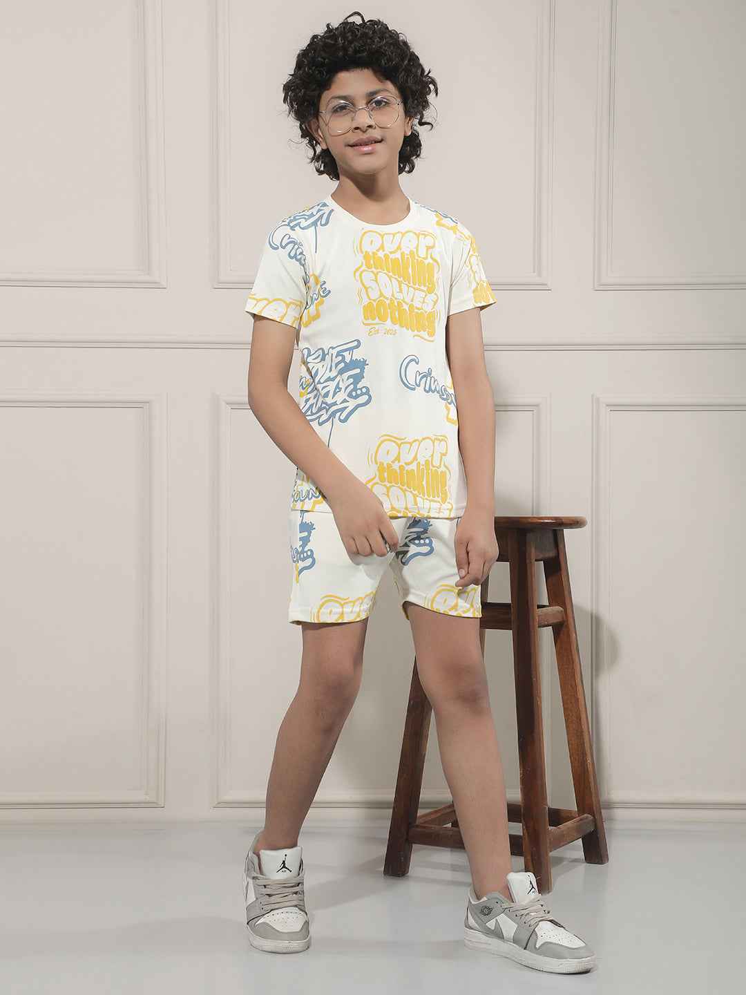 White Typographic Print Shorts