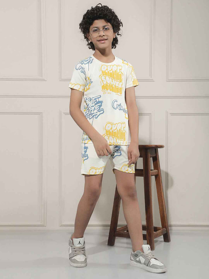 White Typographic Print Shorts