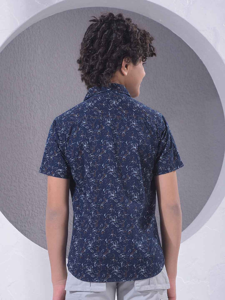 Navy Blue Floral Print 100% Cotton Shirt