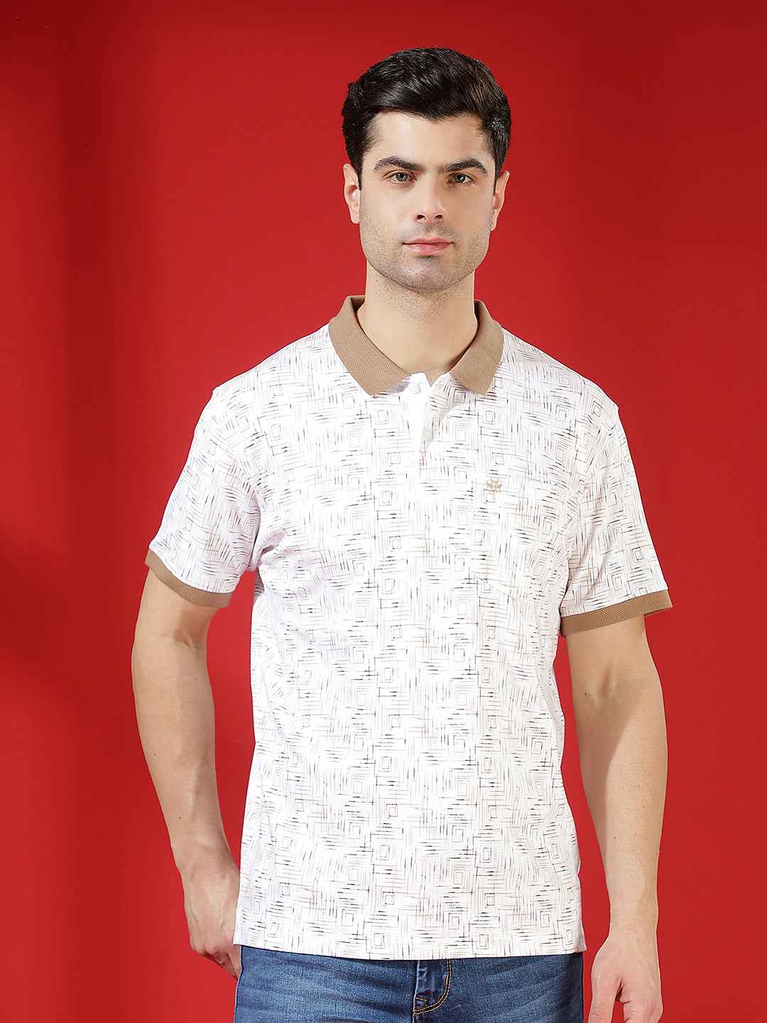 Brown Printed Polo Neck 100% Cotton T-Shirt