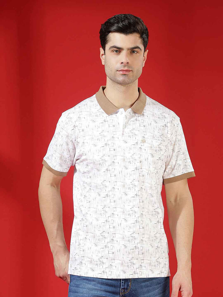 Brown Printed Polo Neck 100% Cotton T-Shirt