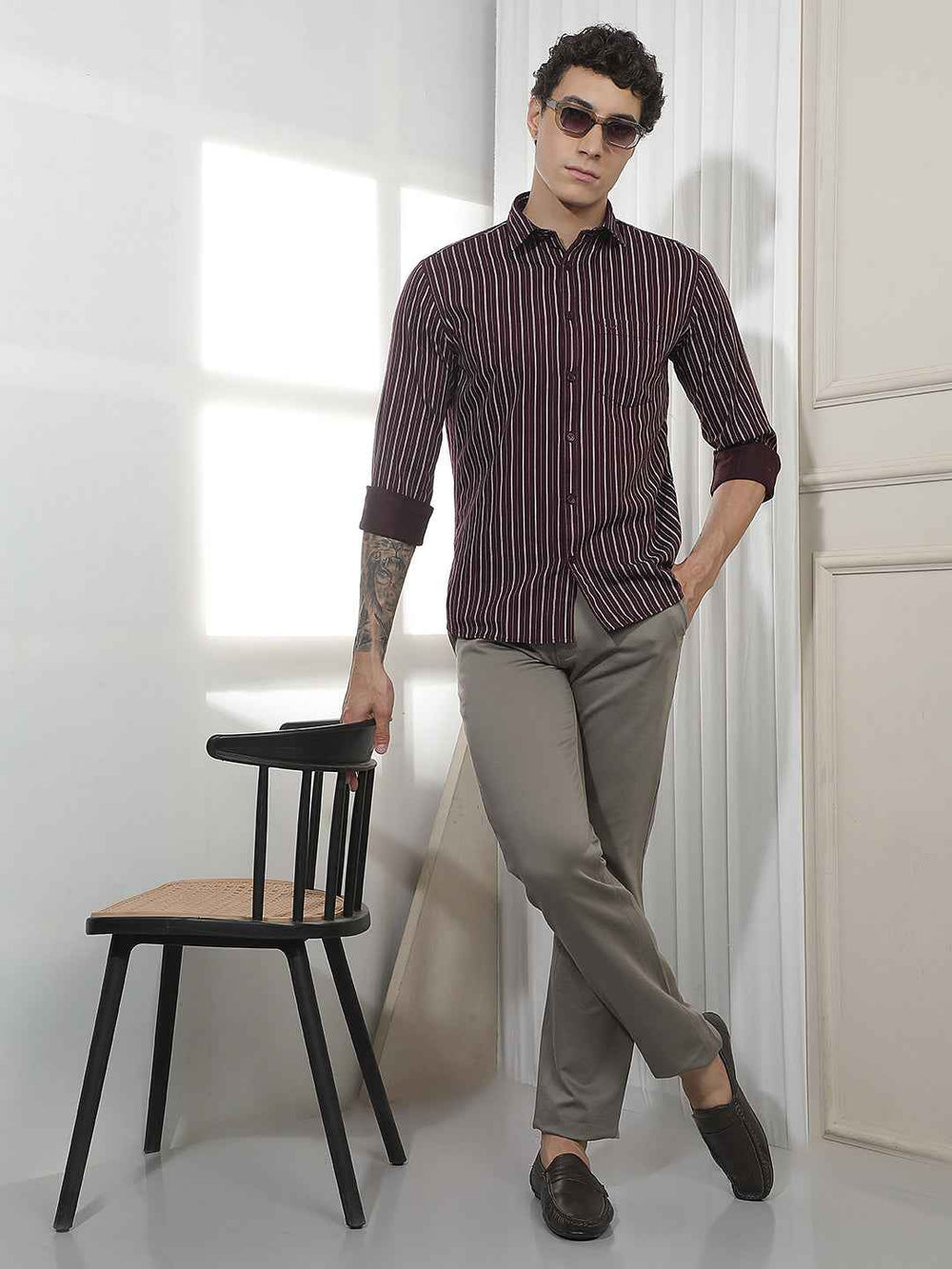 Wine Vertical Striped Shirt