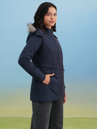 Navy Blue Hooded Neck Quilted Belted Jacket