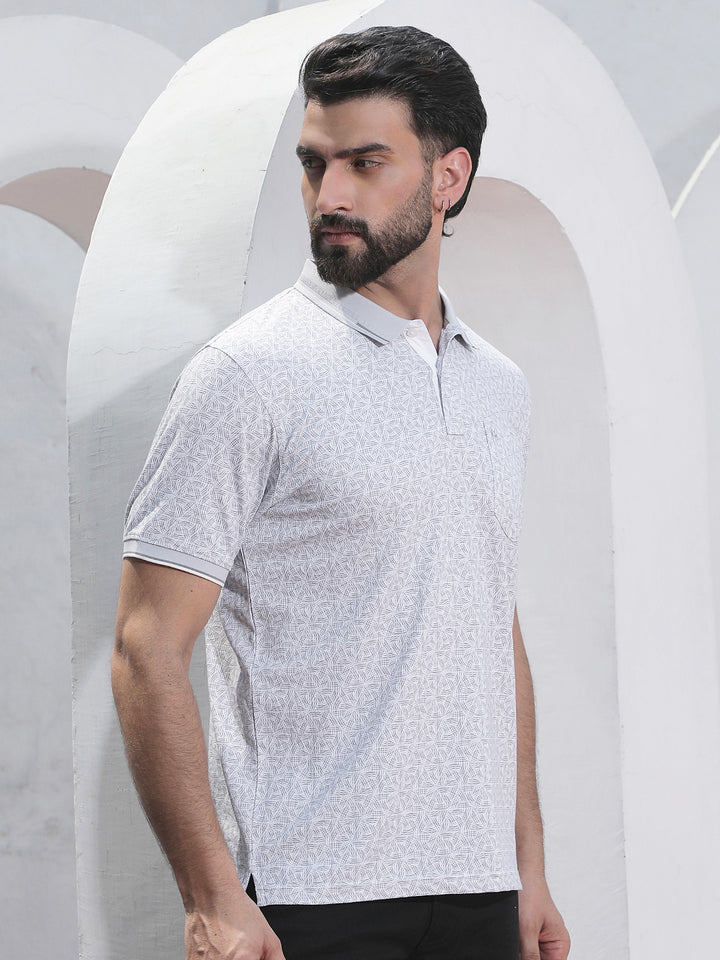 Grey Printed Polo Neck T-Shirt