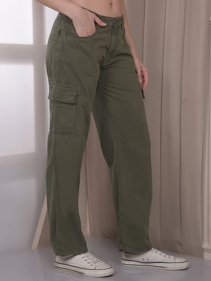 Women's Olive 100% Cotton Cargo Jeans-Women Jeans-Crimsoune Club