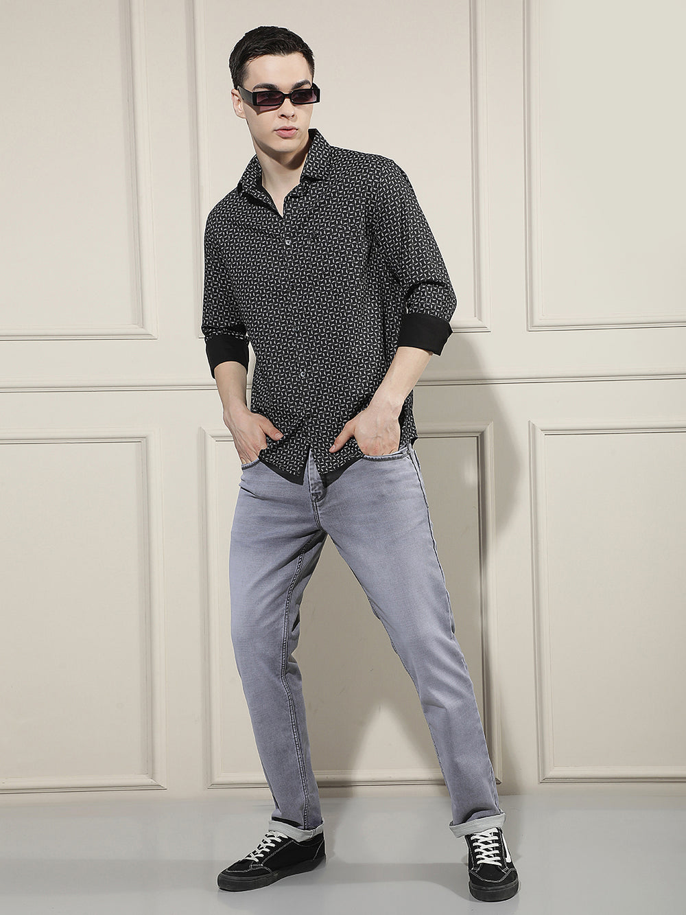 Black Smart Printed Casual Shirt