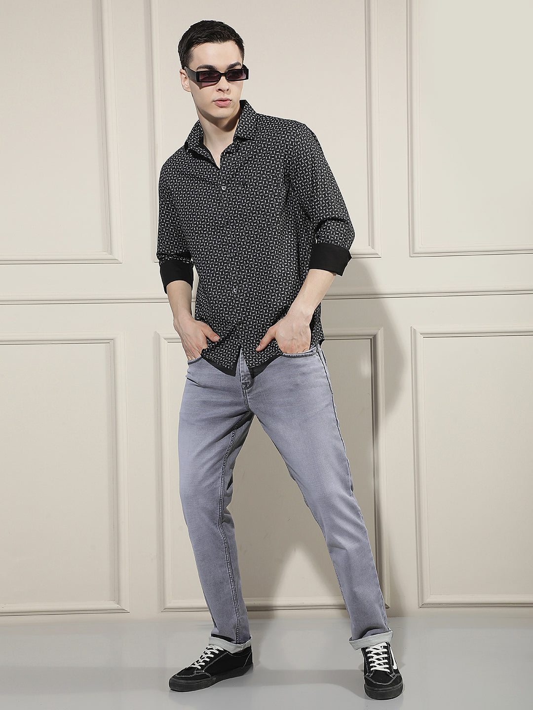 Black Smart Printed Casual Shirt