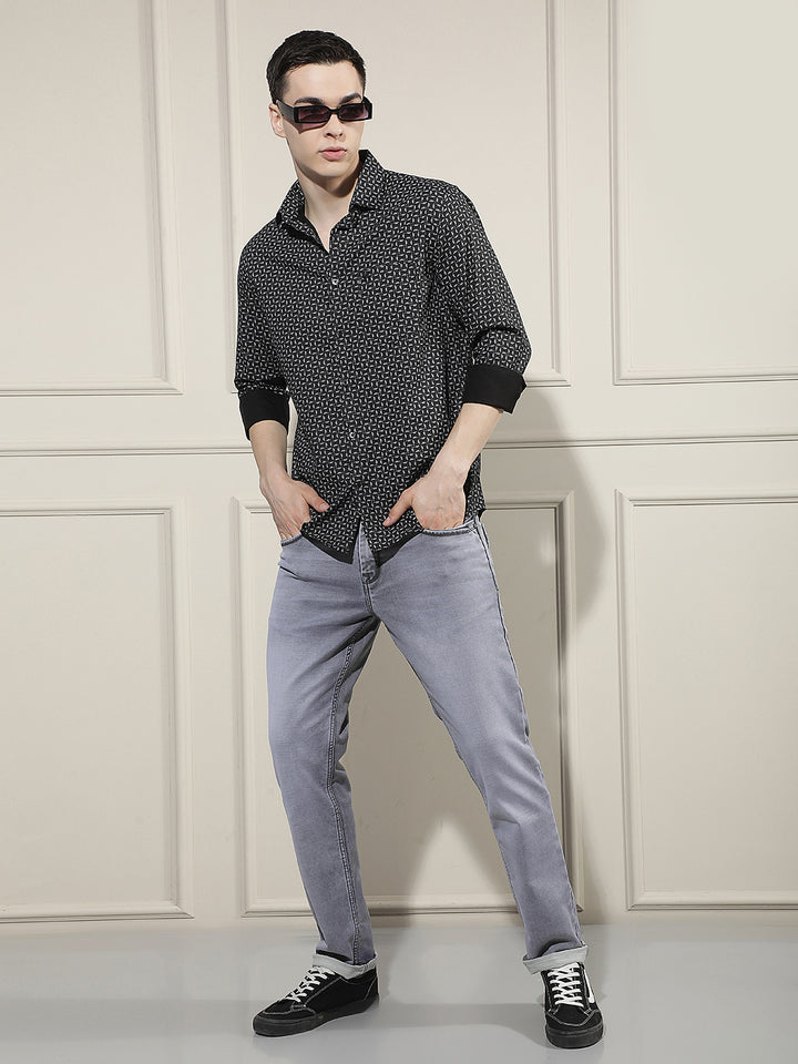 Black Smart Printed Casual Shirt