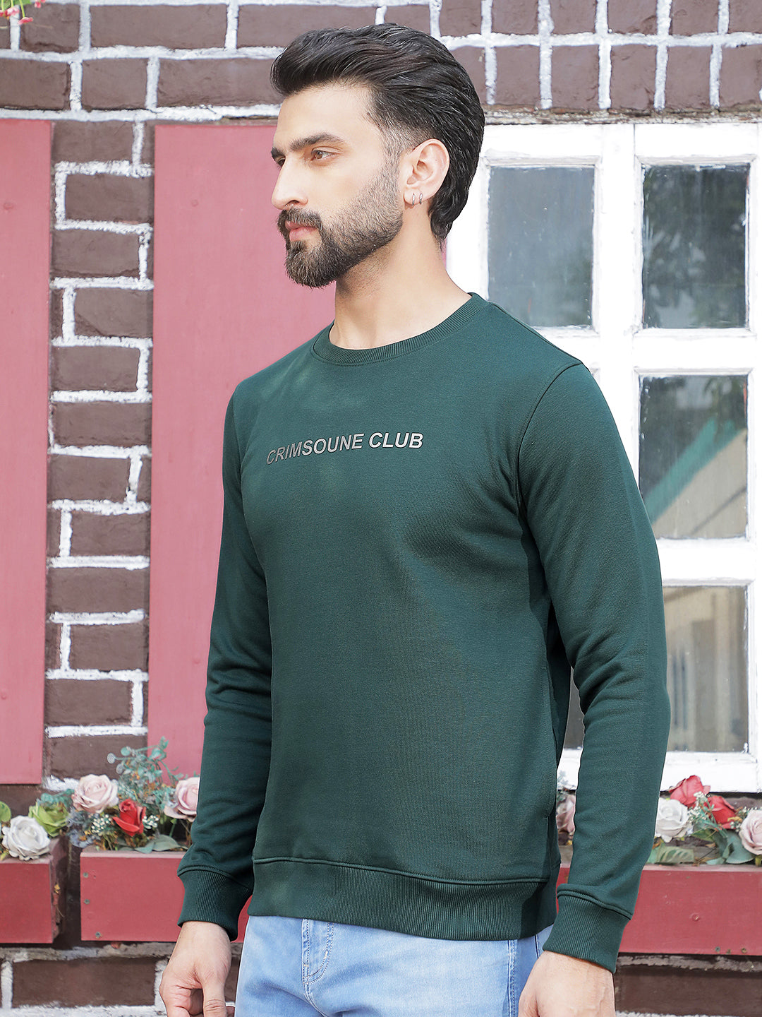 Green Typographic Print Round Neck Sweatshirt