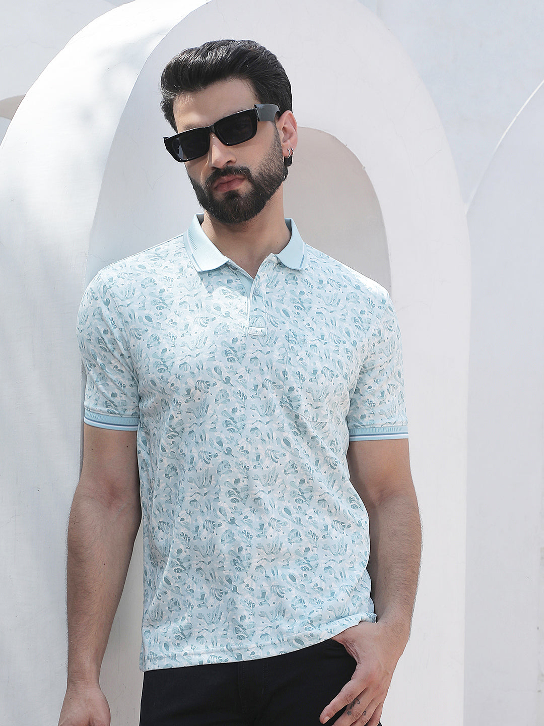 Blue Botanical Print Polo Neck T-Shirt