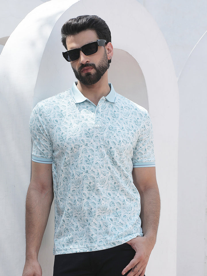 Blue Botanical Print Polo Neck T-Shirt