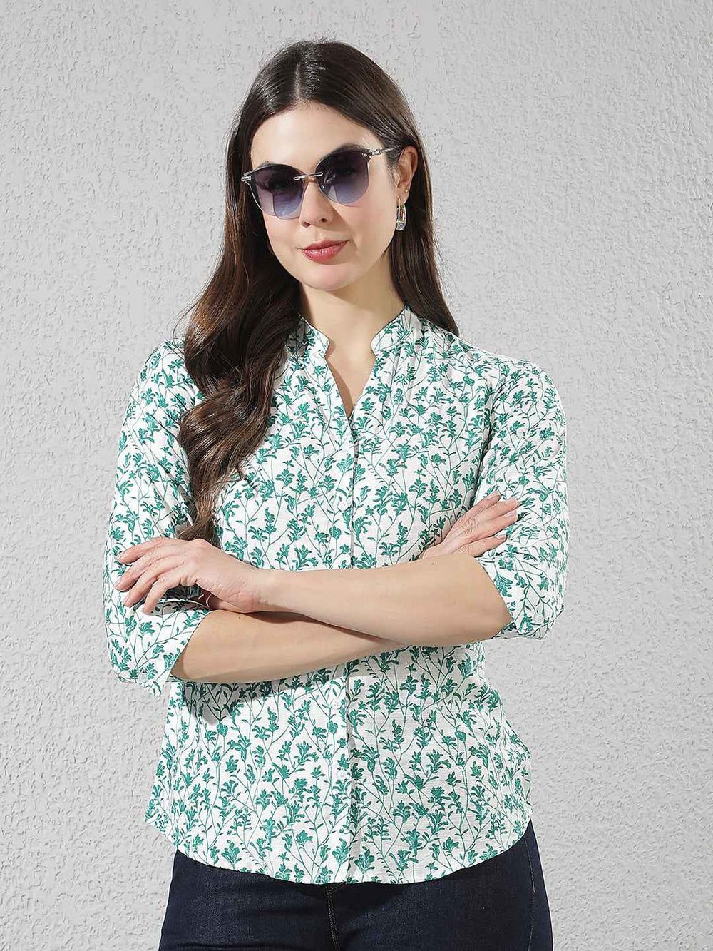 Green Floral Print V-Neck Shirt