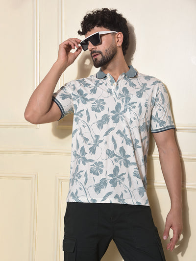 Green Floral Print Polo-Neck T-Shirt
