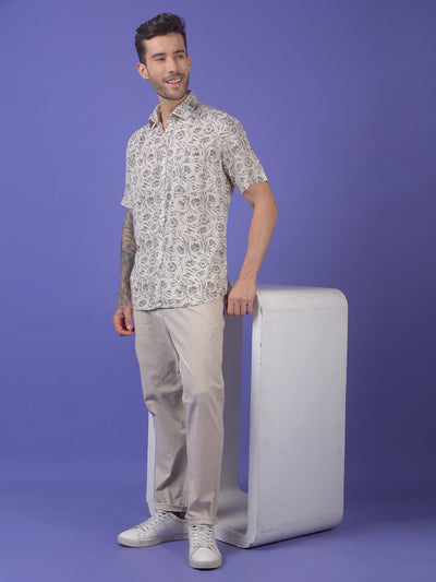 Olive Floral Print Linen Shirt
