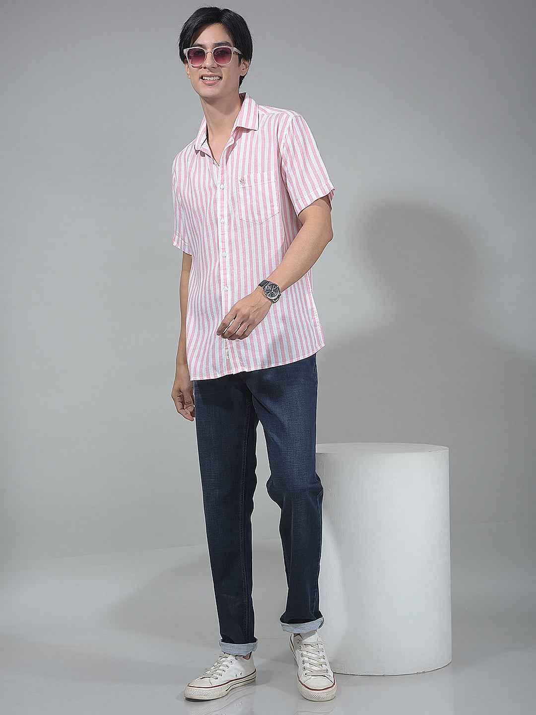 Peach Vertical Striped Linen Shirt