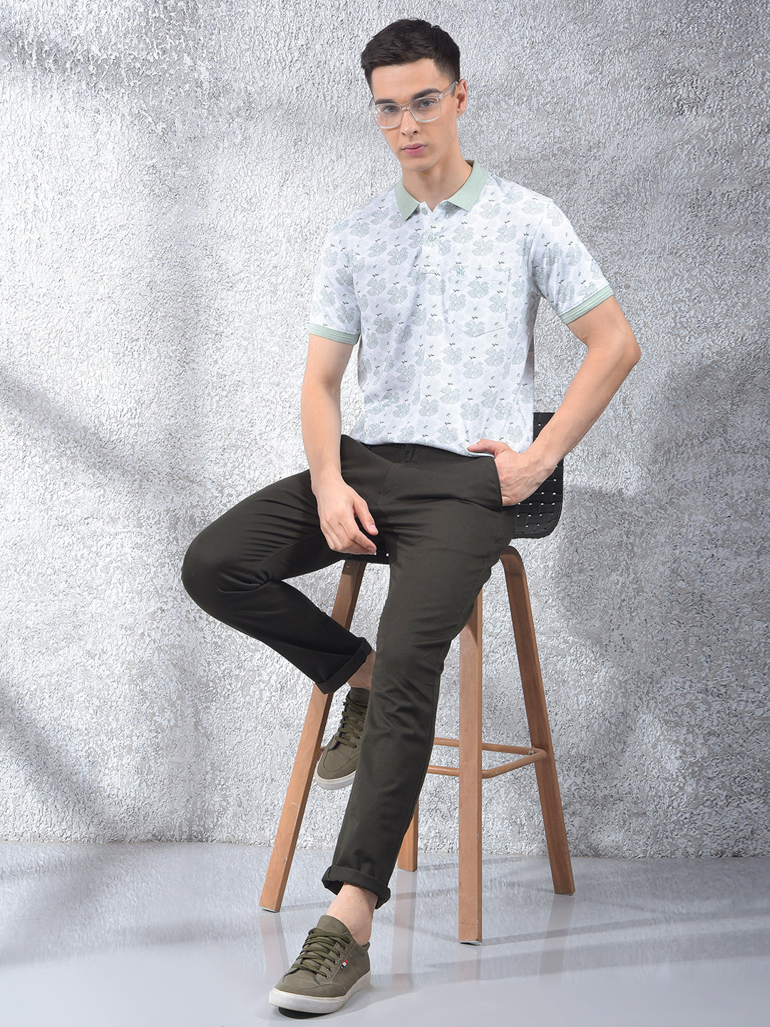 Green Floral Print Polo Neck T-Shirt