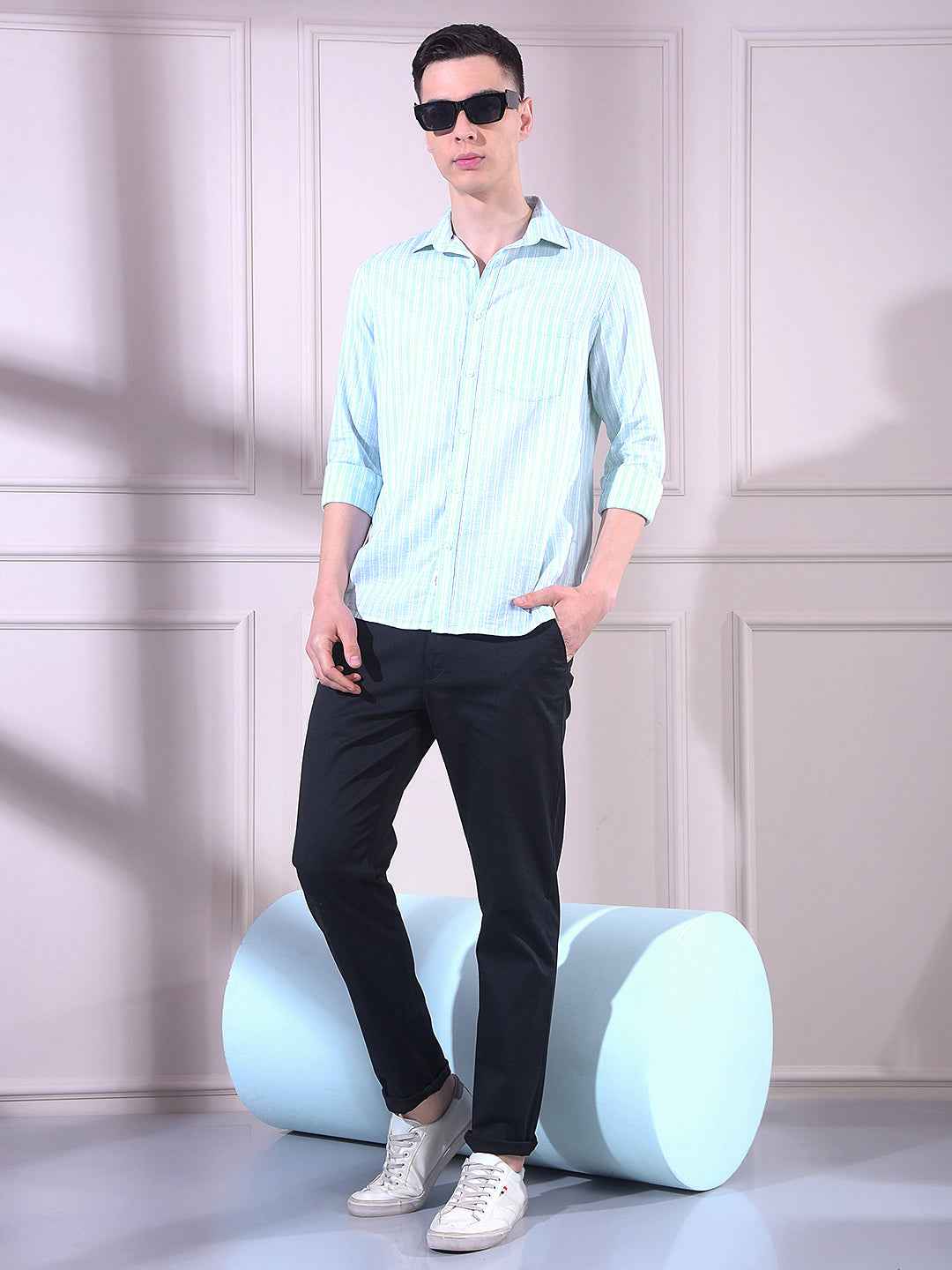 Green 100% Cotton Vertical Stripes Shirt