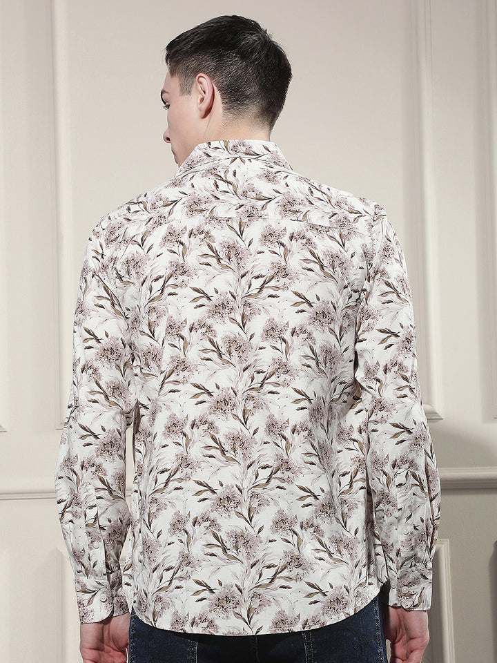 Brown Floral Print Linen Shirt