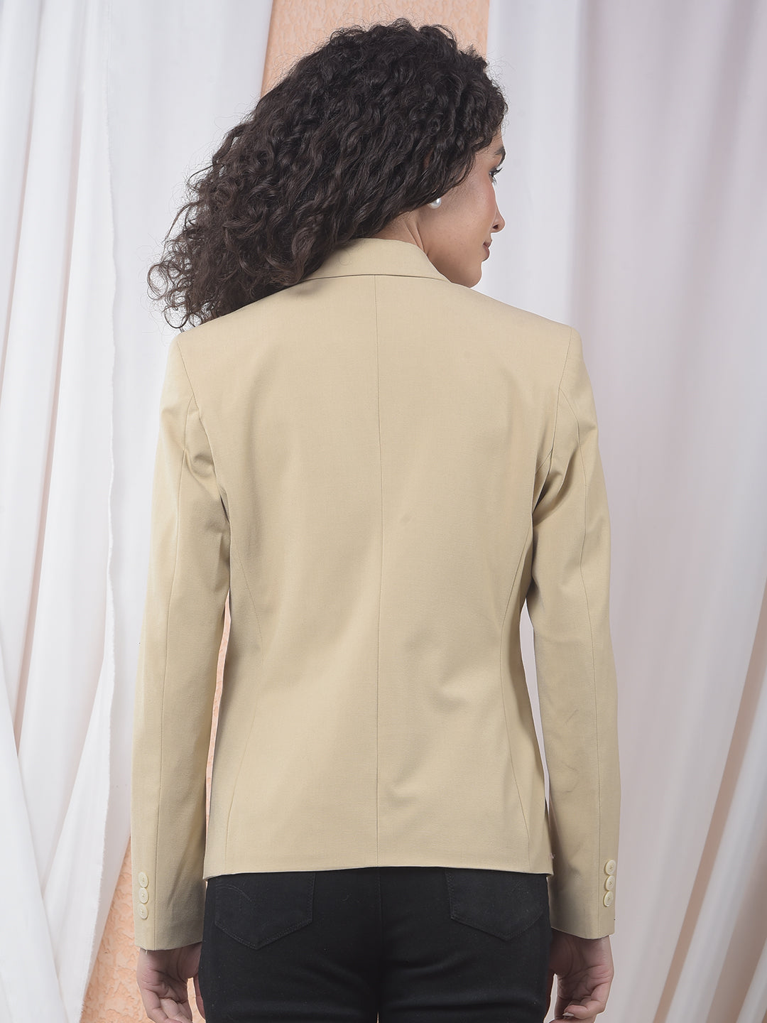 Beige Notched Lapel Single-Breasted Blazer