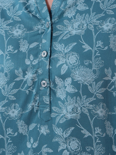 Blue Floral Print V-Neck Top