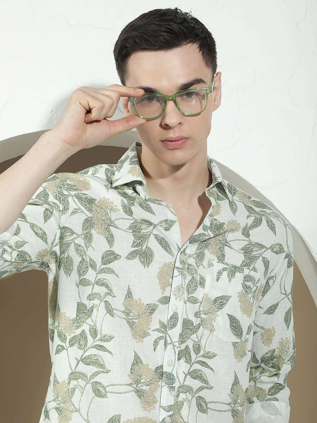 Green Botanical Print Linen Shirt