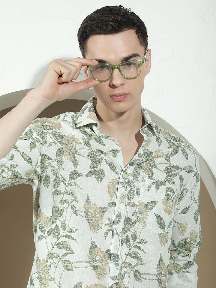 Green Botanical Print Linen Shirt