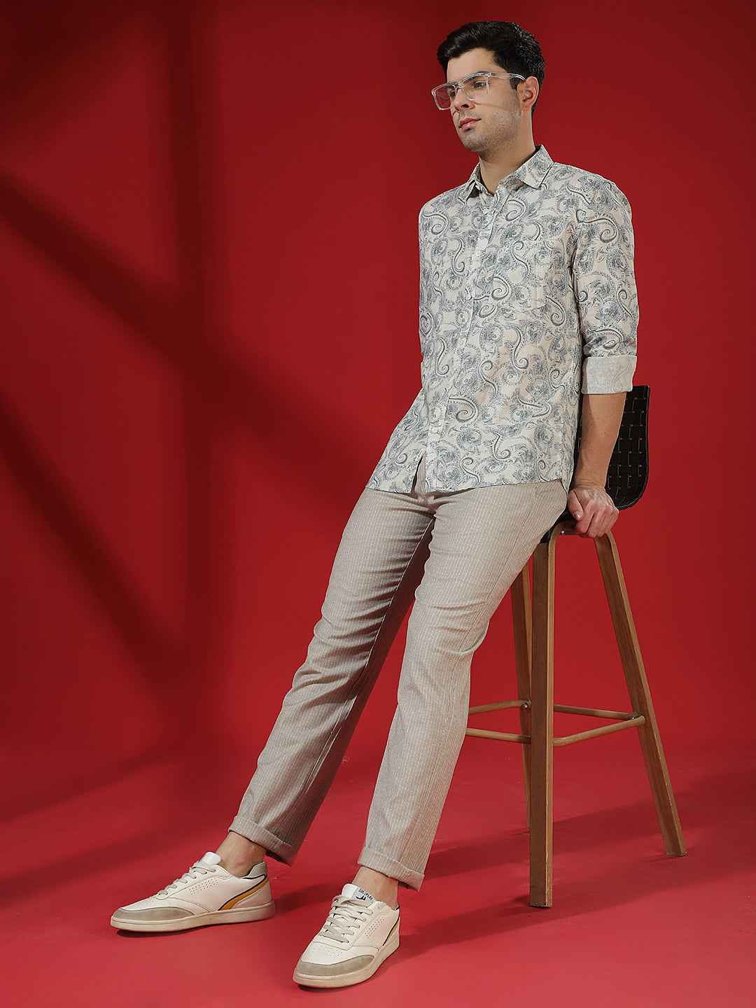 Beige Vertical Striped Casual Trousers