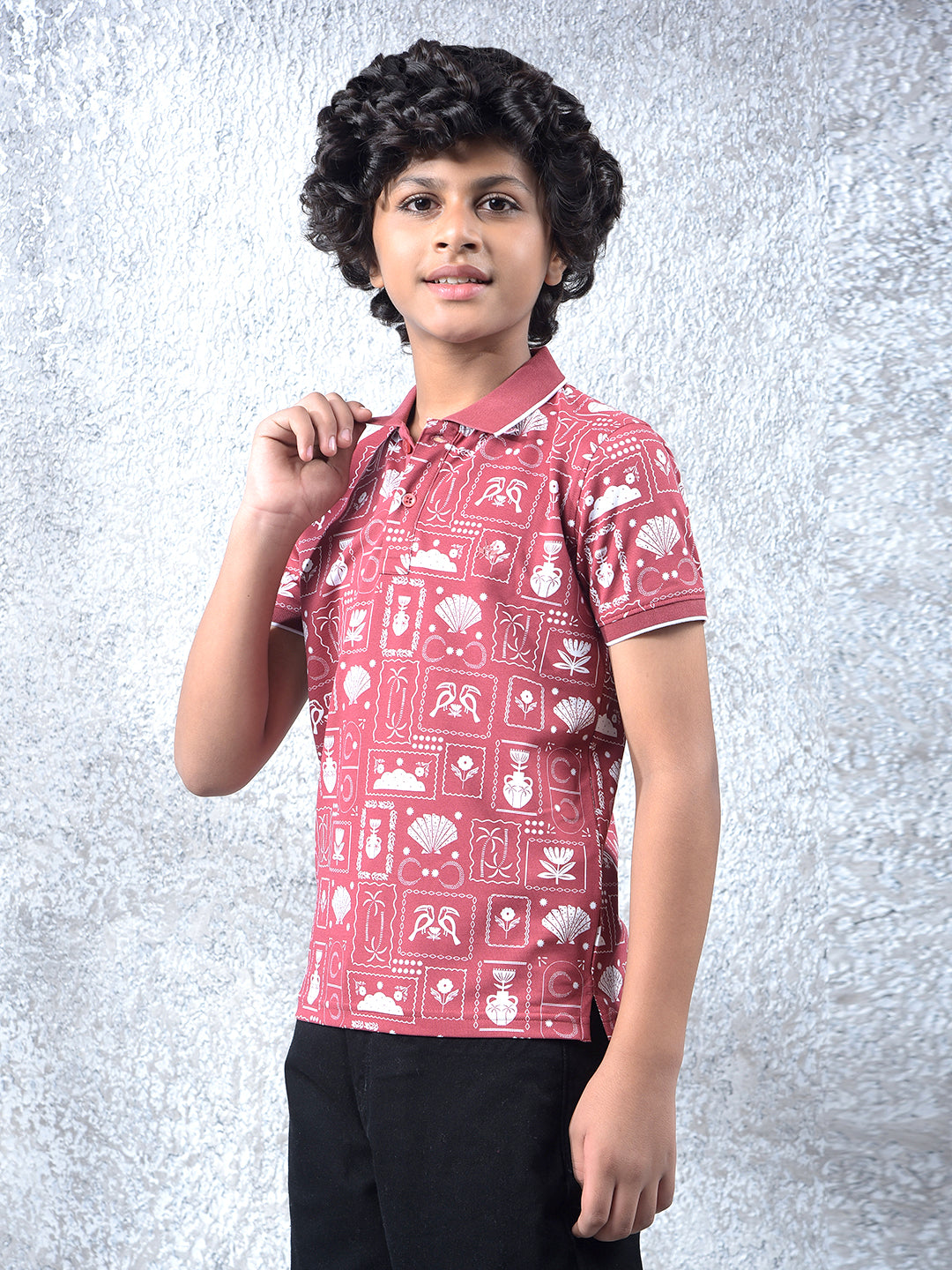 Pink Printed Polo Neck T-Shirt